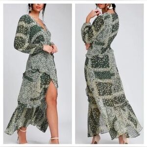 Lulus Green Multi Floral Patchwork Field of Flowers Long Sleeve Maxi Dress